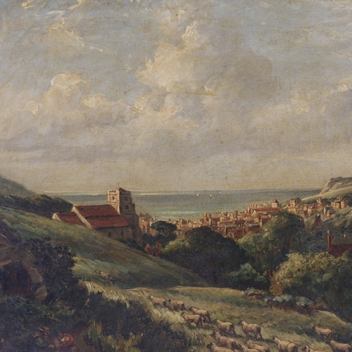 87 - 19th century oil on canvas, view over Hastings, unsigned, 16