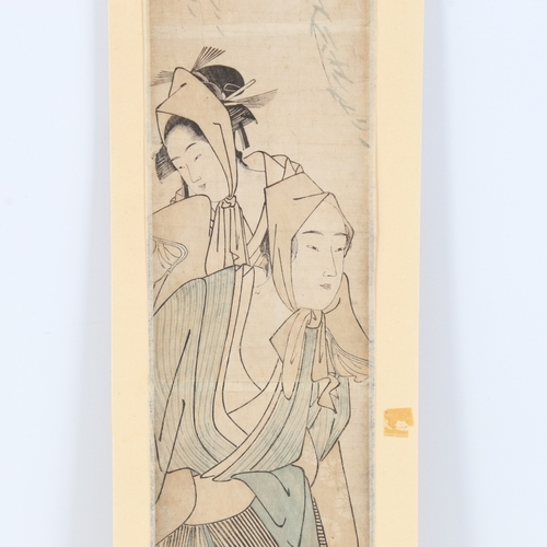 97 - Circle of Utamaro, colour woodblock print, 2 women, text inscription, 25