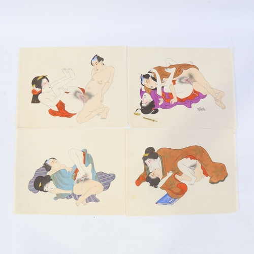 101 - Early 20th century Japanese School, 4 erotic shungha paintings on silk, 6.5