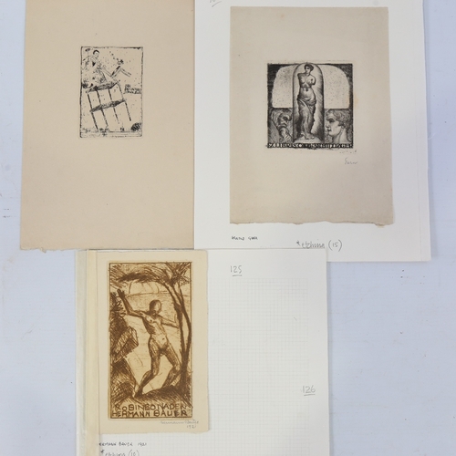 106 - Expressionist School, 3 1920s ex libris etching by Hermann Bauer, Arnold Gara, and Ingrid Sodestrom