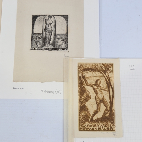 106 - Expressionist School, 3 1920s ex libris etching by Hermann Bauer, Arnold Gara, and Ingrid Sodestrom