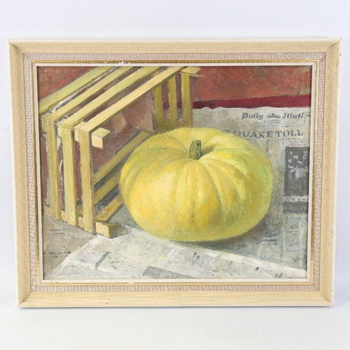 118 - 20th century oil on board, still life pumpkin and newspaper, unsigned, 16