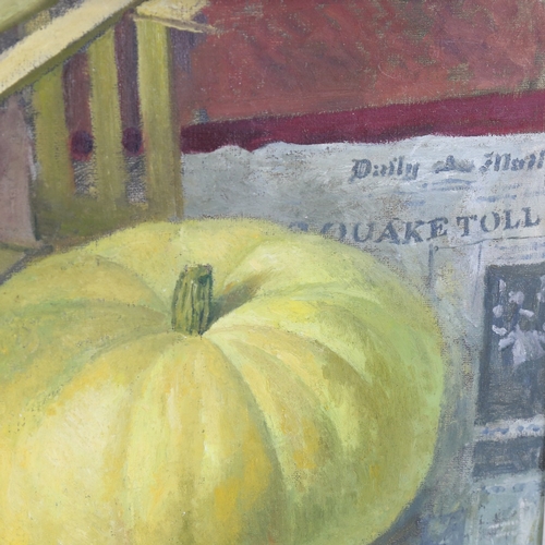 118 - 20th century oil on board, still life pumpkin and newspaper, unsigned, 16