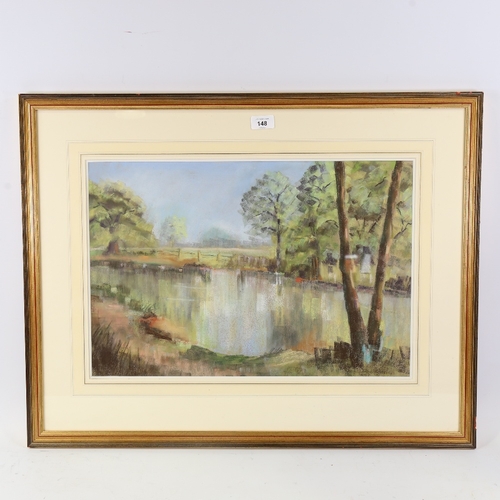 148 - Joan Davidson, coloured pastels, river landscape, signed, 14.5