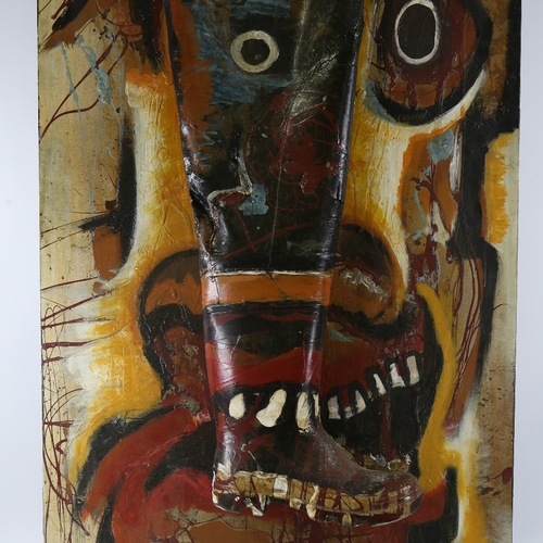 149 - Thierry Hodebar, mixed media, oil/sculpture with wader, signed and dated 2000, 59