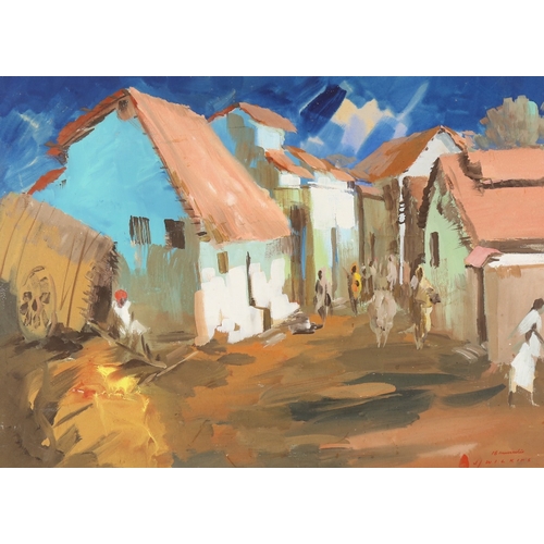 150 - W J Wilkins, gouache on board, Indian village scene, signed, 21