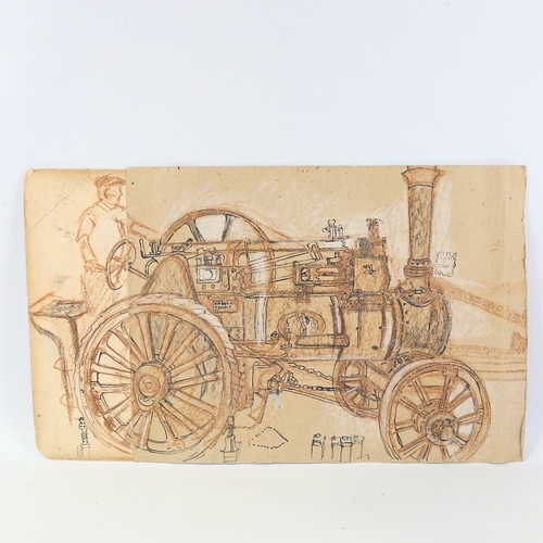 182 - Fred Yates (1922 - 2008), mixed media on joined sheets of card, steam powered traction engine, unsig... 