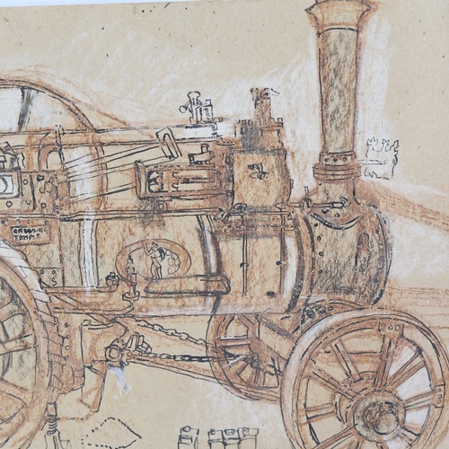 182 - Fred Yates (1922 - 2008), mixed media on joined sheets of card, steam powered traction engine, unsig... 