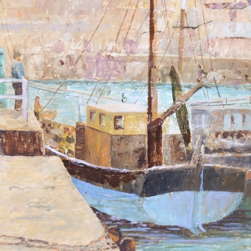 199 - Mid-20th century Cornish School, oil on board, fishing harbour scene, signed with monogram EL, 10.5