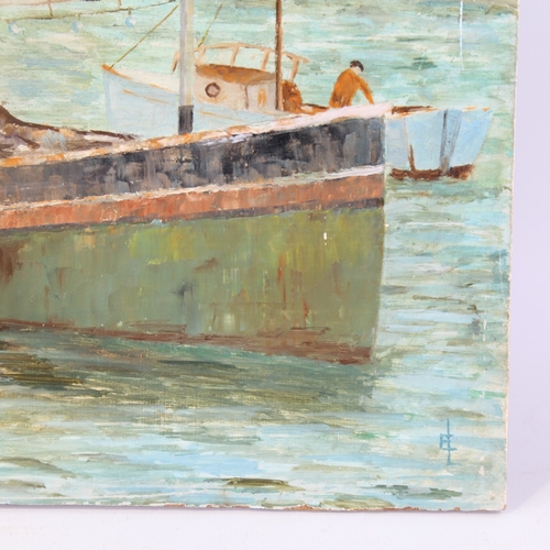 199 - Mid-20th century Cornish School, oil on board, fishing harbour scene, signed with monogram EL, 10.5