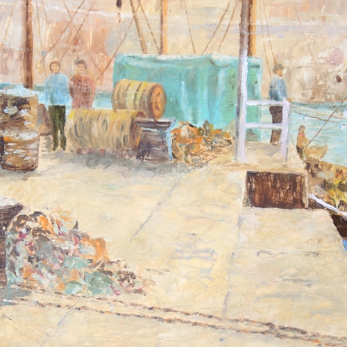 199 - Mid-20th century Cornish School, oil on board, fishing harbour scene, signed with monogram EL, 10.5