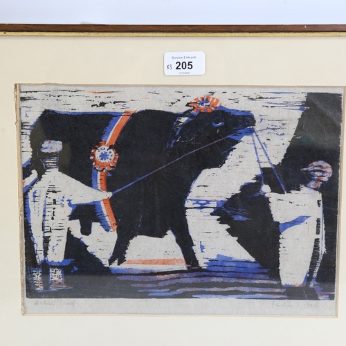 205 - Pauline Hall (1918 - 2007), artist's proof woodcut print, prize bull, signed in pencil, 8