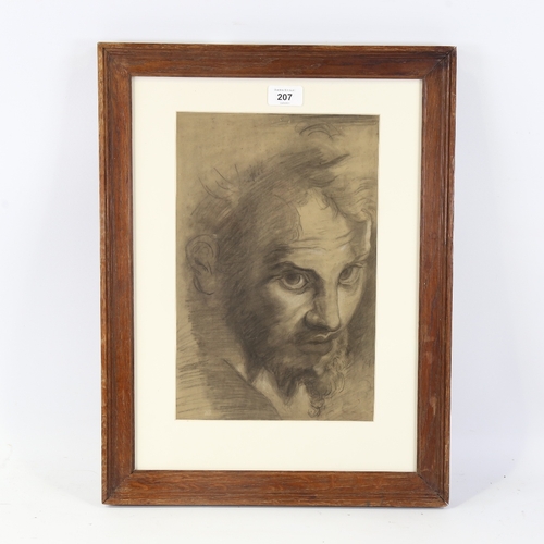 207 - 19th century Old Master style pencil and chalk drawing on buff paper, head of a man, unsigned, 13.5