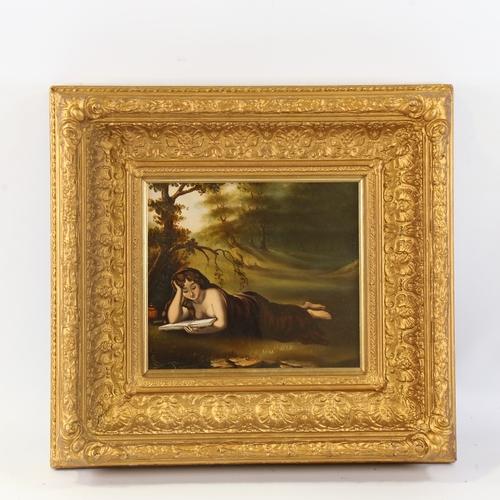 220 - 19th century oil on panel, Classical woman reading, unsigned, 8