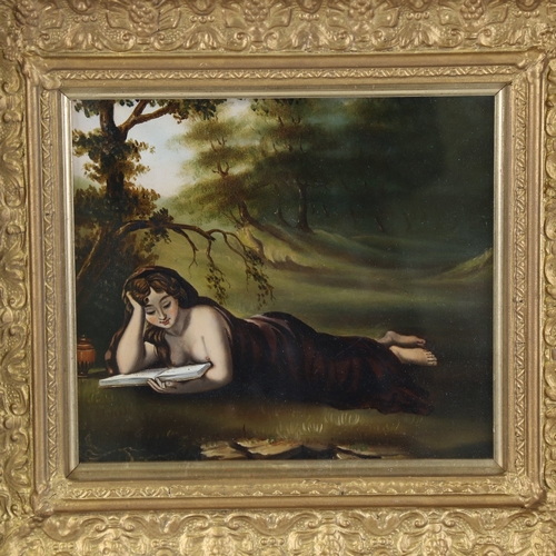 220 - 19th century oil on panel, Classical woman reading, unsigned, 8