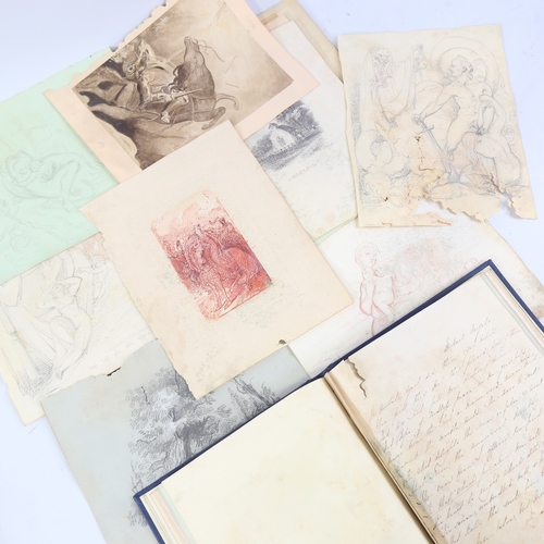 238 - Folder of 19th century pencil drawings, watercolours etc