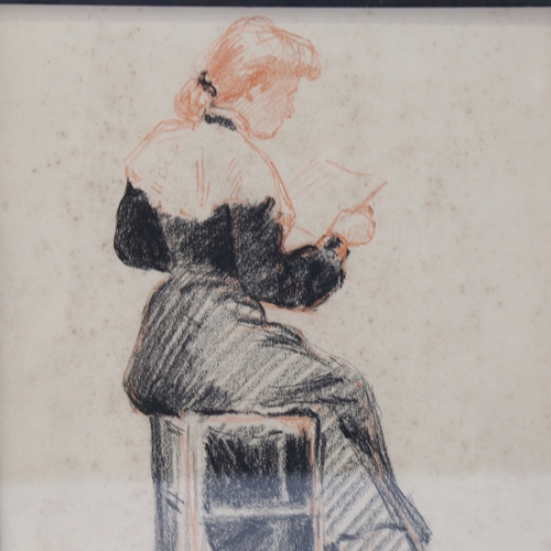 241 - Early 20th century charcoal/chalk drawing, woman reading a paper, unsigned, 12