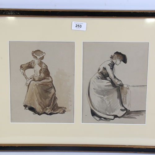 253 - Early 20th century British School, 2 ink and wash studies, seated woman, unsigned, 9