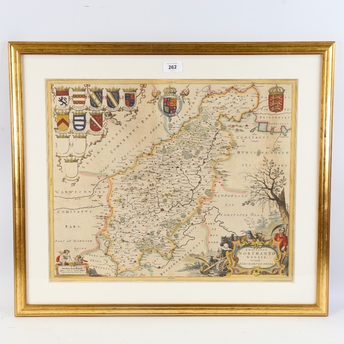 262 - Johannes Blaeu, hand coloured copper plate engraving, map of Northamptonshire, published 1645, 16.5