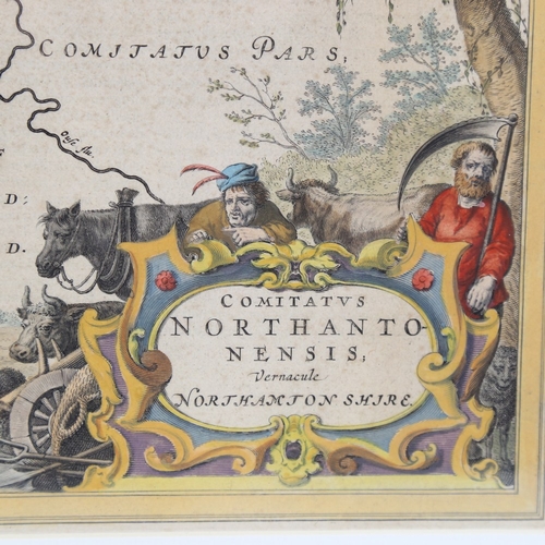 262 - Johannes Blaeu, hand coloured copper plate engraving, map of Northamptonshire, published 1645, 16.5