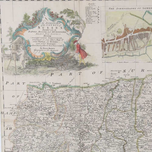 267 - Emanuel Bowen, copper plate engraving, map of Sussex from the renowned Large English Atlas, circa 17... 