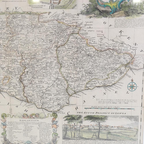 267 - Emanuel Bowen, copper plate engraving, map of Sussex from the renowned Large English Atlas, circa 17... 