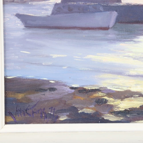 276 - Anne Tams, oil on board, moored boats, signed, 9.5