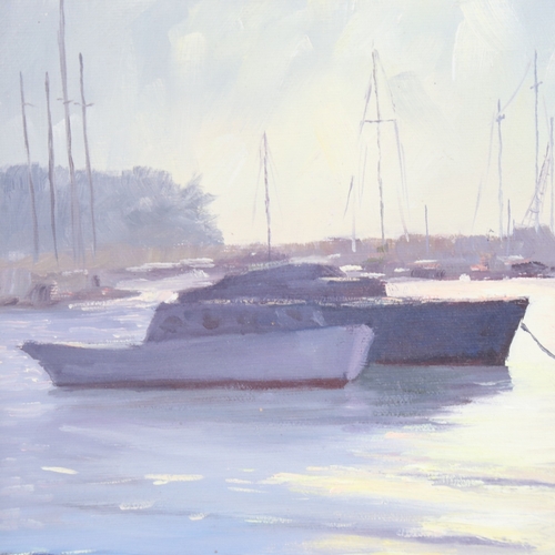 276 - Anne Tams, oil on board, moored boats, signed, 9.5