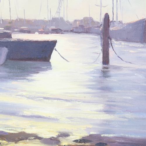 276 - Anne Tams, oil on board, moored boats, signed, 9.5