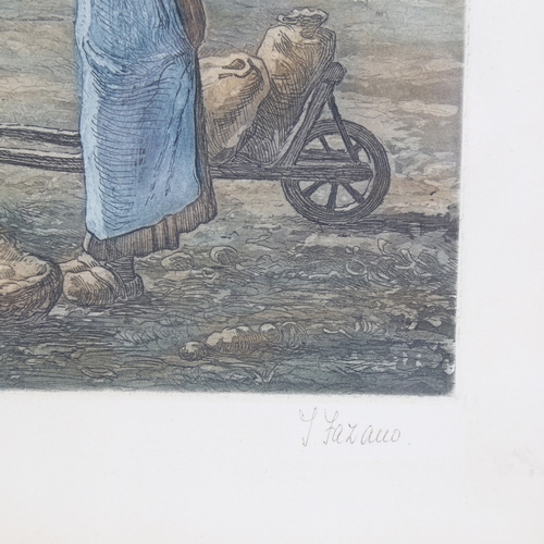 280 - F Fazano, coloured engraving, the farmer's prayer, signed in pencil, image 8.5