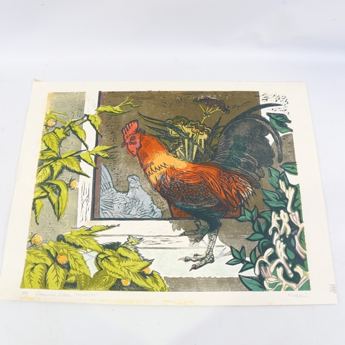 292 - Carol Walklin, linocut print, game cock and hen, trial proof, signed in pencil, sheet size 19.5