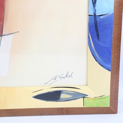 307 - Alfred Gockel, mixed media on paper, abstract composition, signed, original painted frame, overall f... 