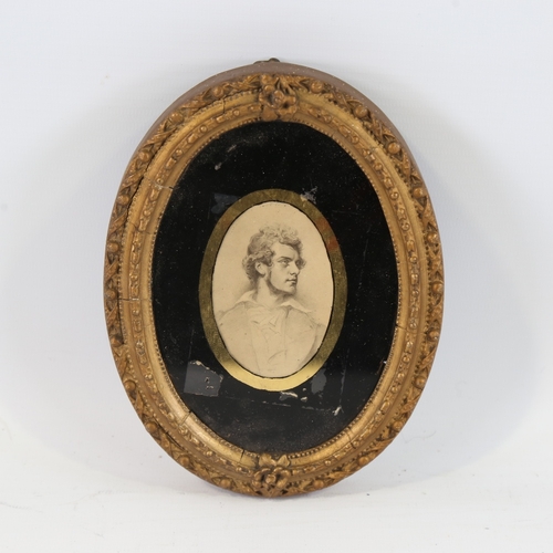 319 - 19th century miniature pencil portrait of a man, unsigned, in gilt-gesso frame, overall frame size 6... 