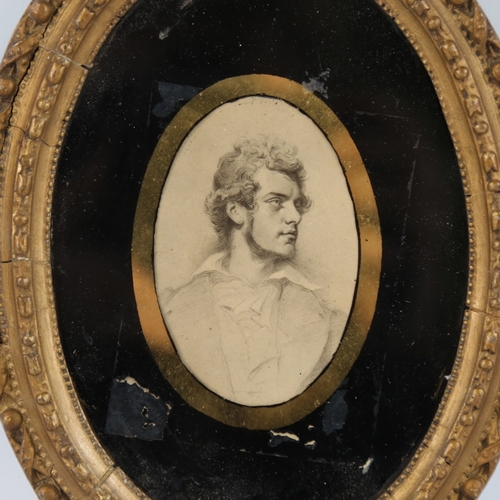 319 - 19th century miniature pencil portrait of a man, unsigned, in gilt-gesso frame, overall frame size 6... 