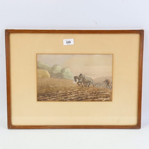 329 - Early 20th century watercolour, ploughing scene, signed with monogram JFW, 7