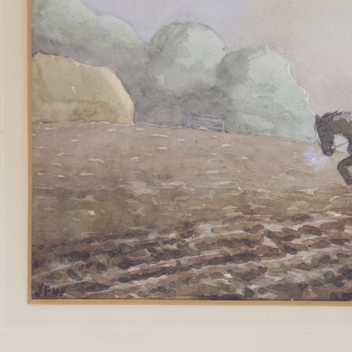 329 - Early 20th century watercolour, ploughing scene, signed with monogram JFW, 7