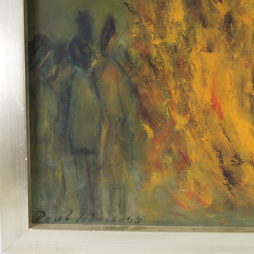 338 - Oil on canvas, figures beside a bonfire, indistinctly signed and dated '65, 30