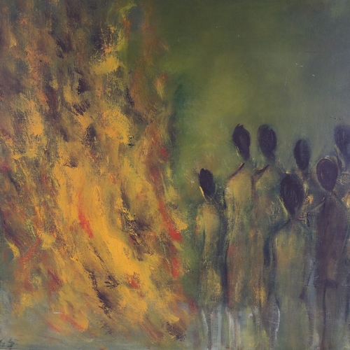 338 - Oil on canvas, figures beside a bonfire, indistinctly signed and dated '65, 30