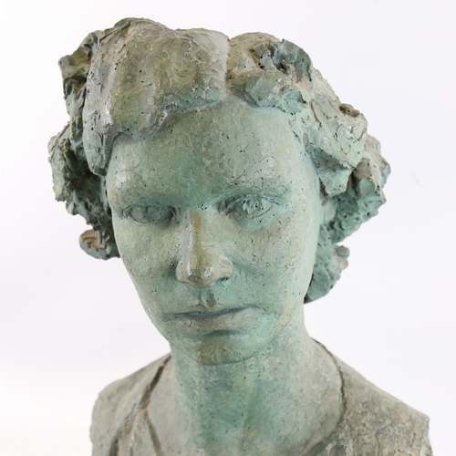 339 - Circle of Franta Belsky, green patinated plaster bust, thought to be Queen Elizabeth, unsigned, on w... 