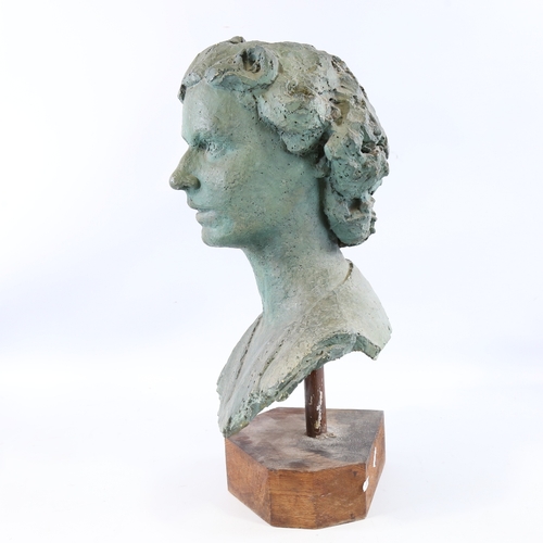 339 - Circle of Franta Belsky, green patinated plaster bust, thought to be Queen Elizabeth, unsigned, on w... 