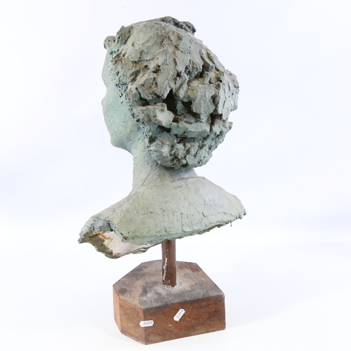 339 - Circle of Franta Belsky, green patinated plaster bust, thought to be Queen Elizabeth, unsigned, on w... 