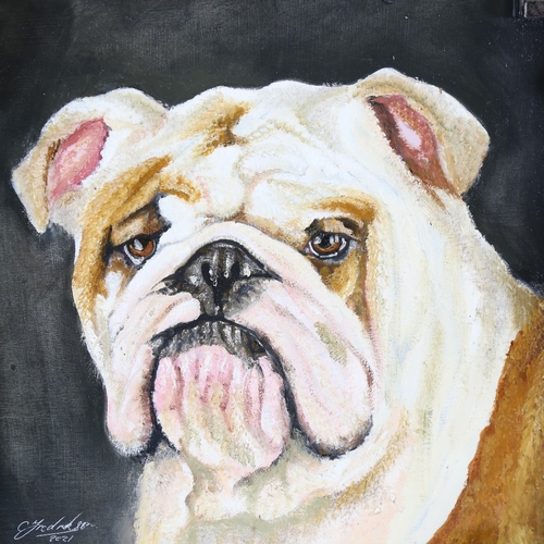 342 - Clive Fredriksson, oil on board, Bulldog in rustic metal-mounted wood frame, overall frame dimension... 