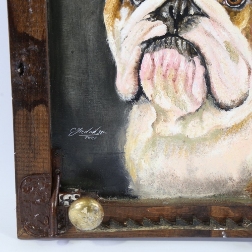 342 - Clive Fredriksson, oil on board, Bulldog in rustic metal-mounted wood frame, overall frame dimension... 