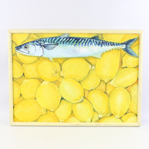 344 - Clive Fredriksson, oil on canvas, mackerel and lemons, framed, overall frame dimensions 21