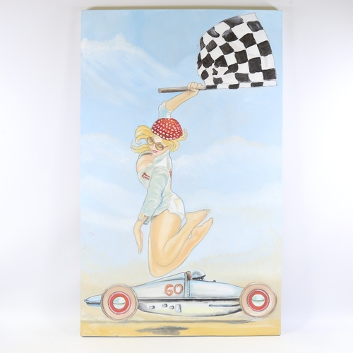 347 - Clive Fredriksson, oil on board, chequered flag, 45