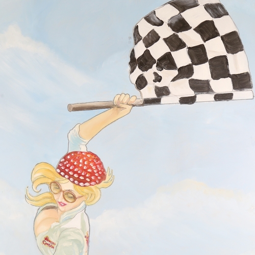 347 - Clive Fredriksson, oil on board, chequered flag, 45