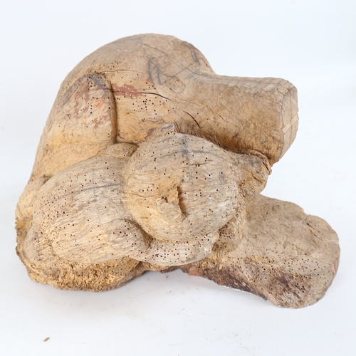 111 - A large carved wood stump figural dog and puppy sculpture, length 48cm, depth 24cm