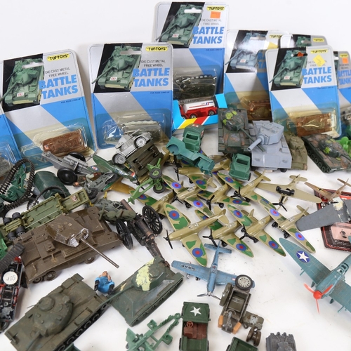 132 - Various toy military vehicles and planes, including Matchbox, Tuf Toys, Airfix etc (boxful)