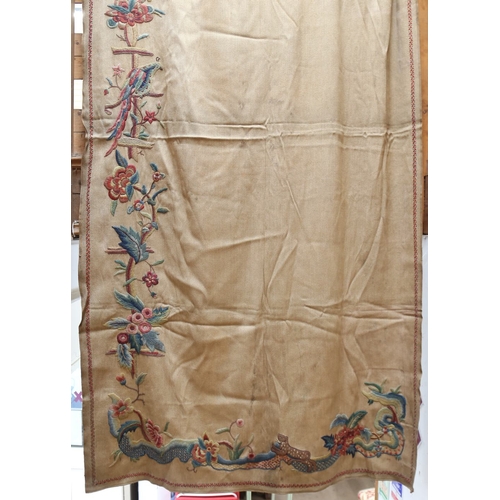 142 - A large Crewel Work embroidered curtain panel, with bird decoration and original Crewel-Craft label,... 