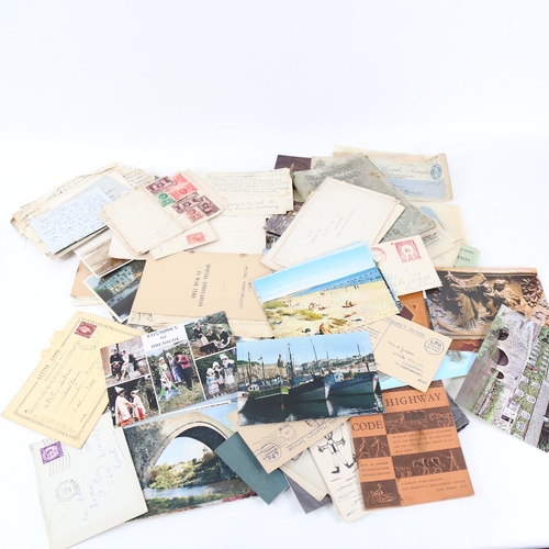 148 - Various Vintage loose topographical postcards, stamps, banknote etc (boxful)